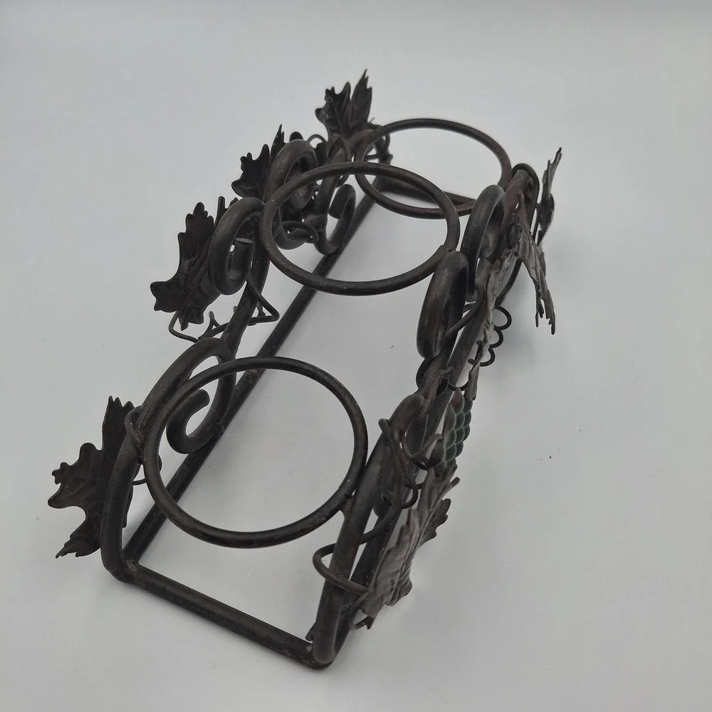 Rectangular Three Votive Candle Holder Metal Vines Grapes Leaves Motif 8‎ Inches